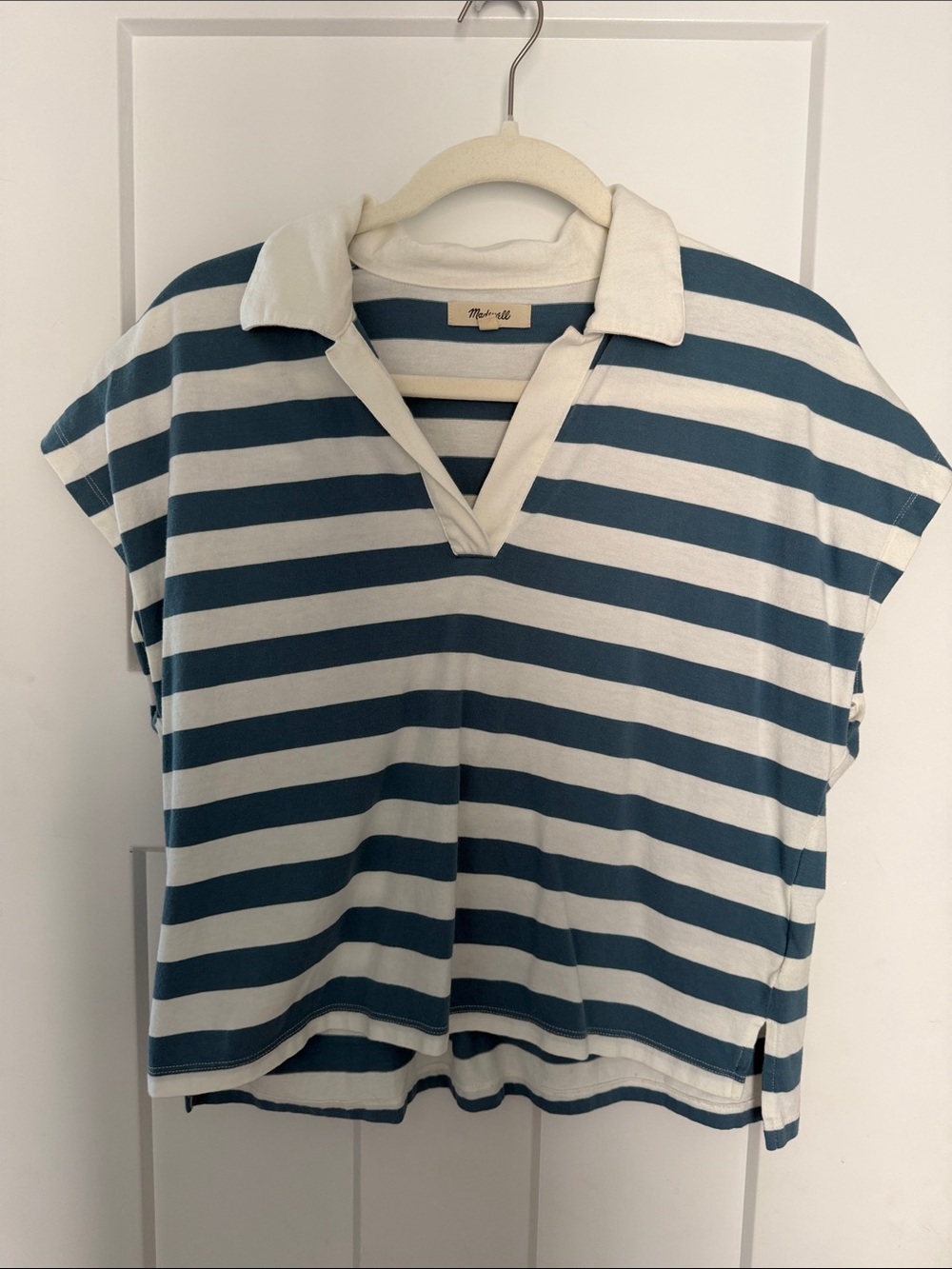 Madewell Teal & White Striped Polo-Style Crop Top - Picture 1 of 3